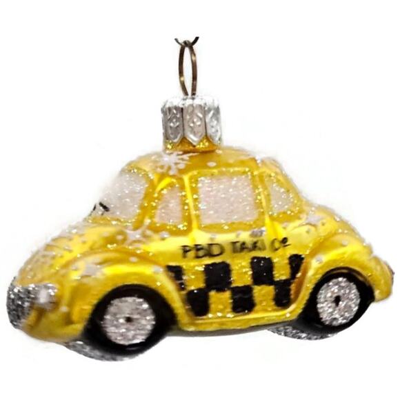 Patricia Breen Miniature Taxi Yellow Snowflakes Signed Christmas Tee Ornament - Picture 7 of 11